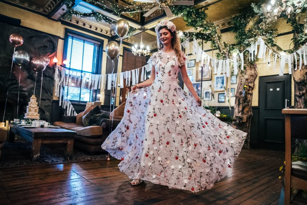 Bride Bridal Dress Gown Floral Pink Skirt Sleeves Modern Pub Wedding Ideas Three Flowers Photography