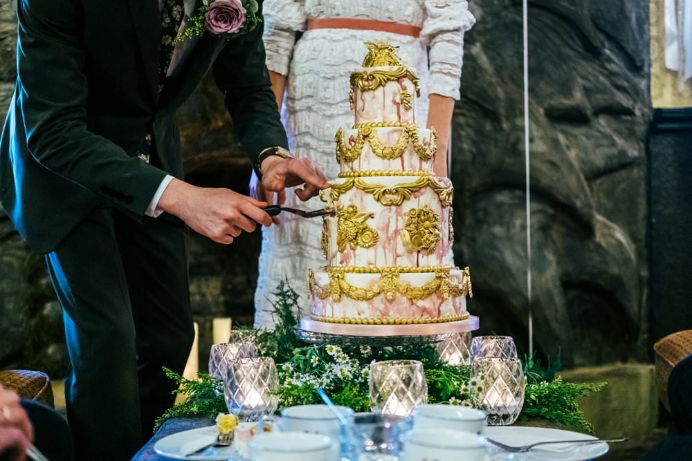 Grand Decadant Gold Pink Tier Cake Drip Watercolour Detailed Modern Pub Wedding Ideas Three Flowers Photography