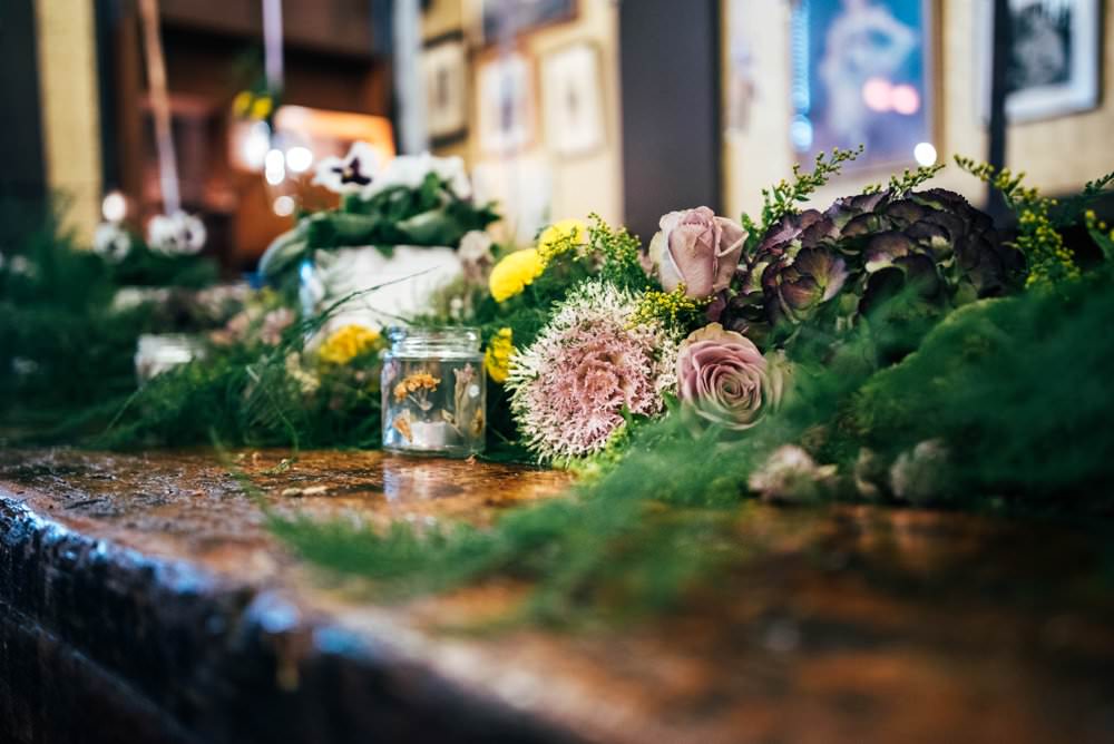 Table Runner Swag Garland Greenery Foliage Tablescape Decor Candles Pots Modern Pub Wedding Ideas Three Flowers Photography