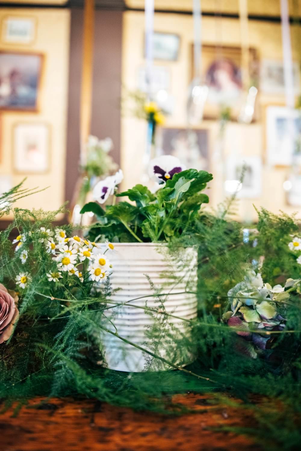 Tin Flowers Table Decor Pot Plants Modern Pub Wedding Ideas Three Flowers Photography