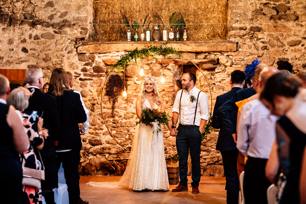 Ceremony Backdrop Moongate Hoop Flowers Festoon Lights Lighting Park House Barn Wedding Fairclough Studios