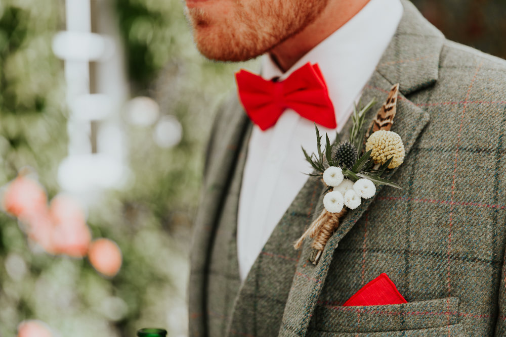 Groom Suit Red Pink Bow Tie Check Feather Thistle Twine Buttonhole Pennard House Wedding Oxi Photography