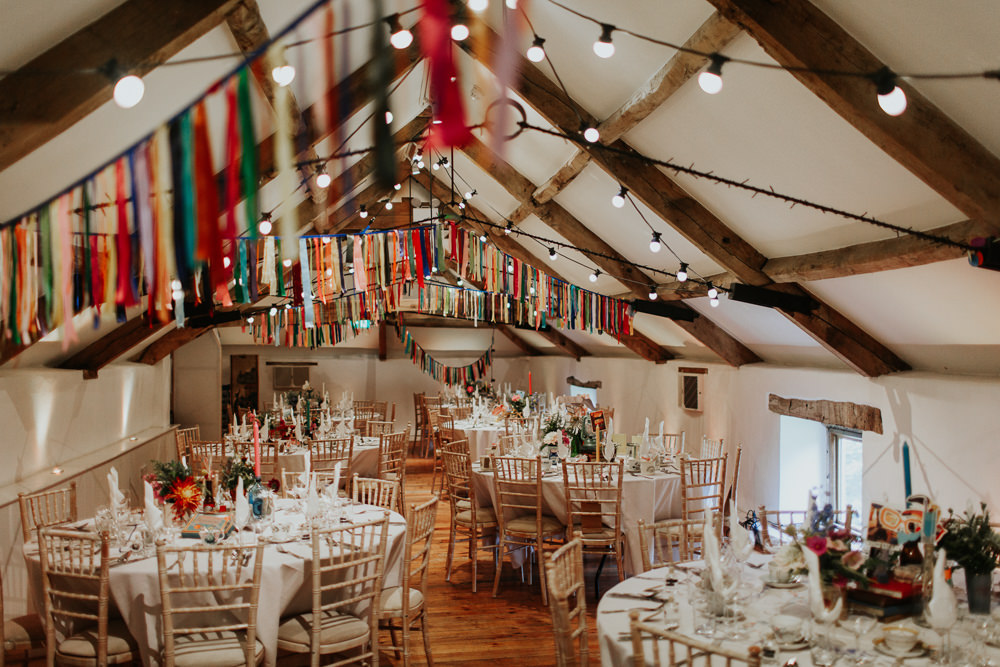 Barn Festoon Lights Colourful Rainbow Rag Bunting Ribbons Pennard House Wedding Oxi Photography