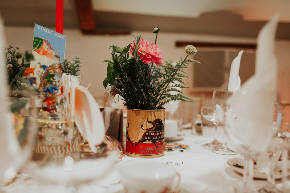 Centrepiece Decor Table Books Candles Tin Flowers Cans Pennard House Wedding Oxi Photography