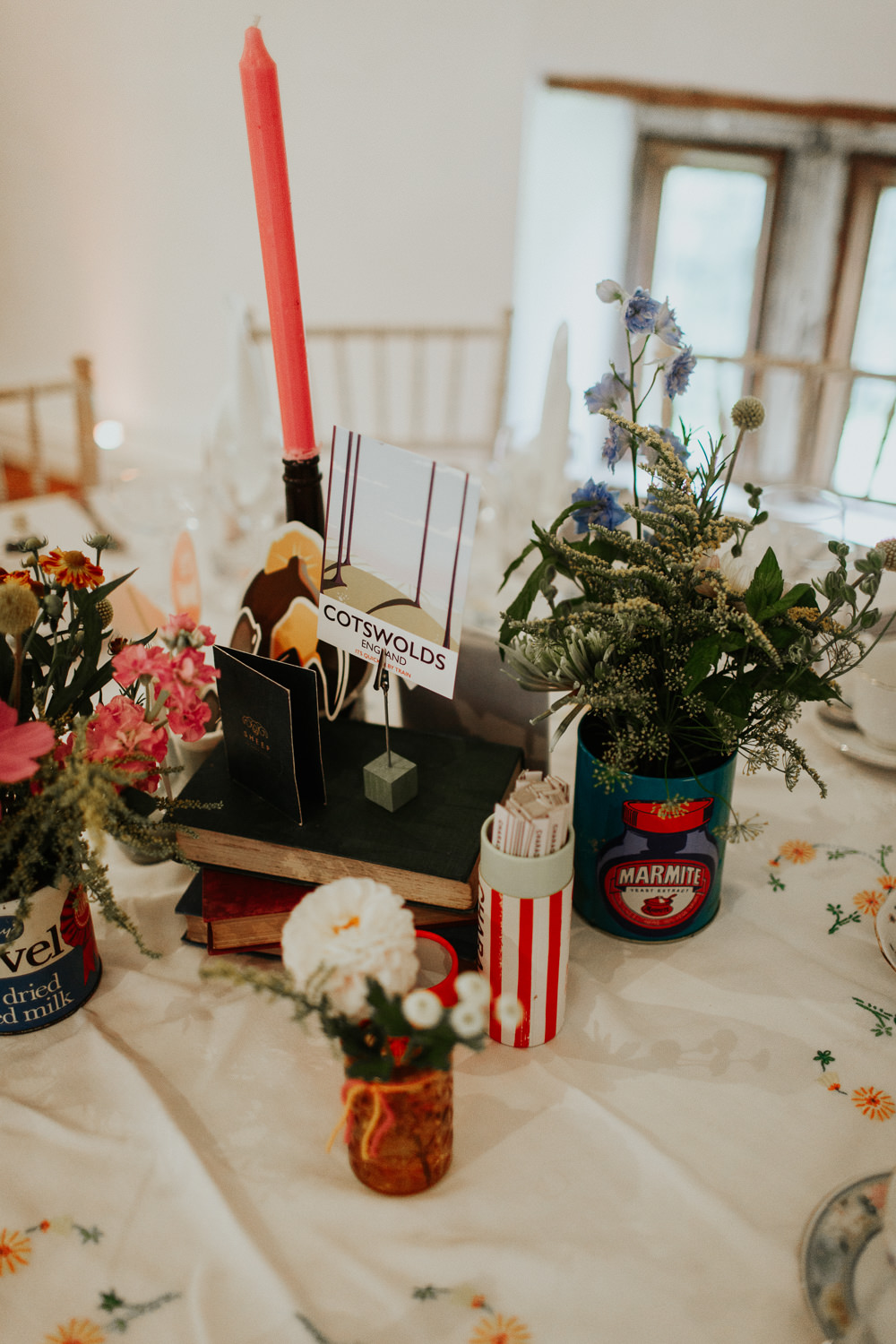 Centrepiece Decor Table Books Candles Tin Flowers Cans Pennard House Wedding Oxi Photography