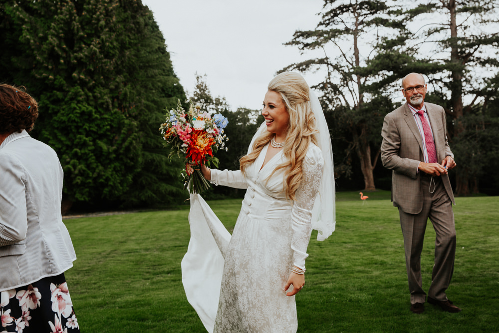 Dress Gown Bride Bridal 1940s Vintage Satin Long Sleeves Veil Pennard House Wedding Oxi Photography