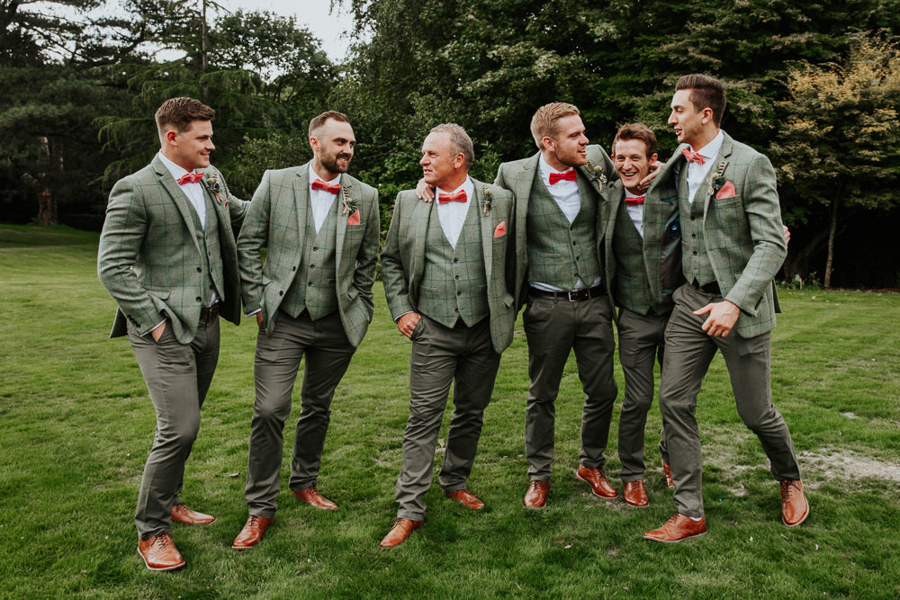 Groom Suit Pink Red Bow Tie Check Groomsmen Green Tweed Pennard House Wedding Oxi Photography