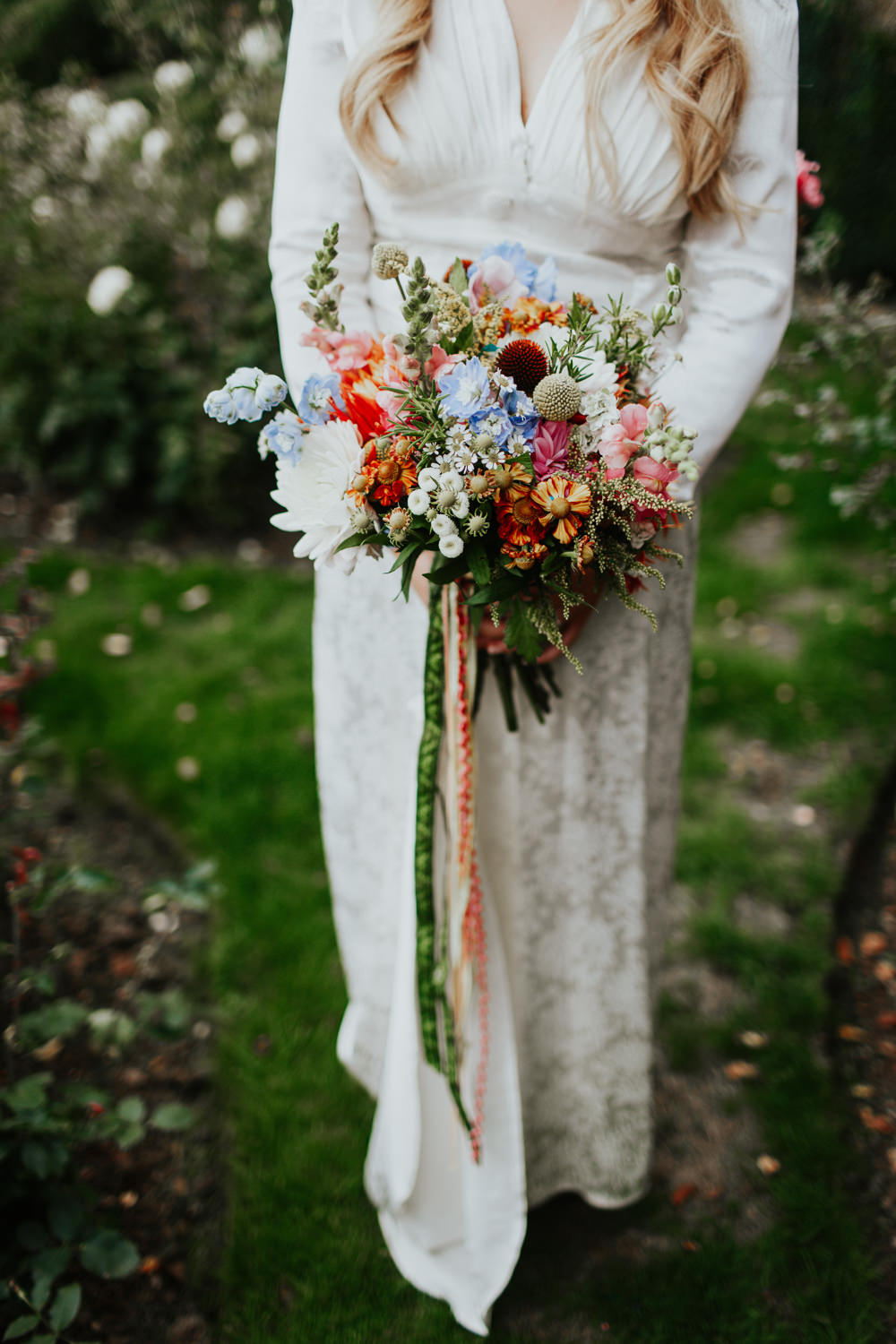 Bouquet Flowers Bride Bridal Colourful Ribbons Retro Vintage Dahlias Snap Dragons Crespedia Pennard House Wedding Oxi Photography