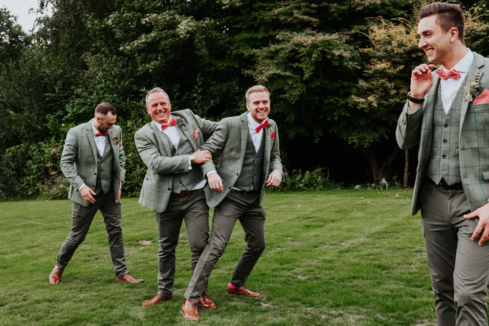 Groom Suit Pink Red Bow Tie Check Groomsmen Green Tweed Pennard House Wedding Oxi Photography