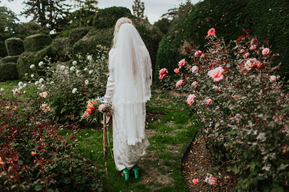 Dress Gown Bride Bridal 1940s Vintage Satin Long Sleeves Veil Pennard House Wedding Oxi Photography