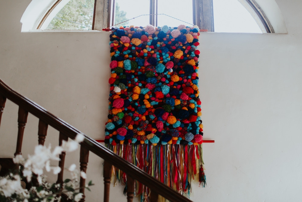 Pom Pom Wall Backdrop Colourful Multicolour Pennard House Wedding Oxi Photography