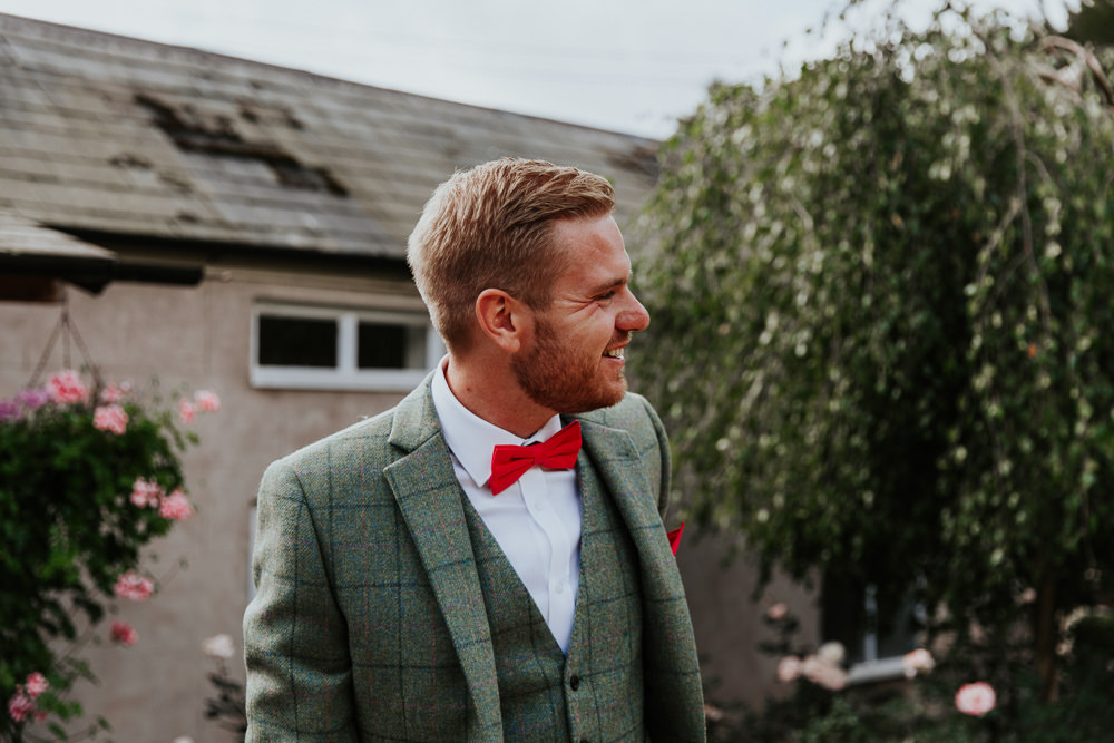 Groom Suit Pink Red Bow Tie Check Groomsmen Green Tweed Pennard House Wedding Oxi Photography