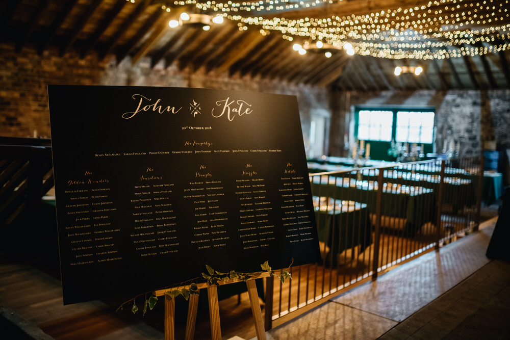 Rustic Barn Fairy Lights Seating Plan Table Chart Calligraphy Black Board Rhynd Wedding Harper Scott Photo