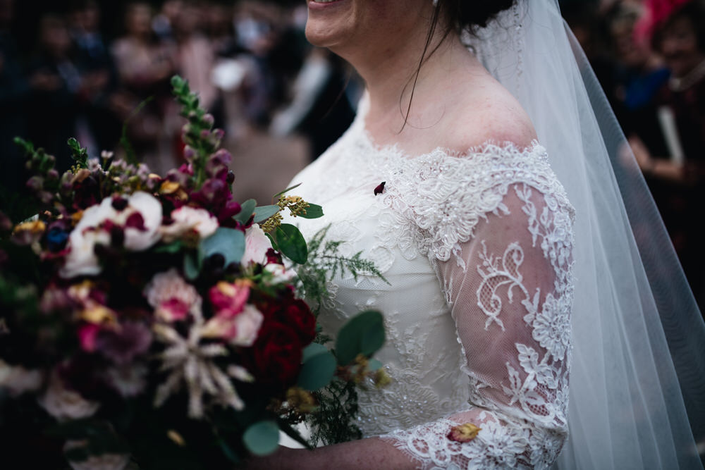 Bouquet Flowers Bride Bridal Red Greenery Rose Astilbe Pink Fern Lace Sleeves Rhynd Wedding Harper Scott Photo