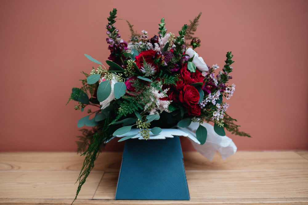 Bouquet Flowers Bride Bridal Red Greenery Rose Astilbe Pink Fern Rhynd Wedding Harper Scott Photo