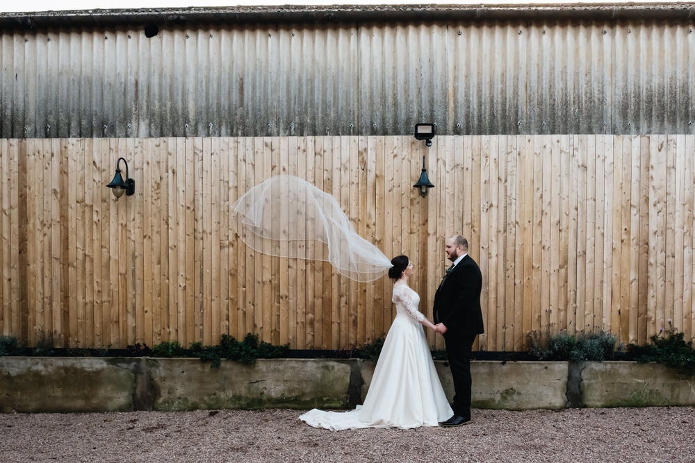 Bride Bridal Dress Gown Lace Top Off Shoulder Sleeves Veil Rhynd Wedding Harper Scott Photo