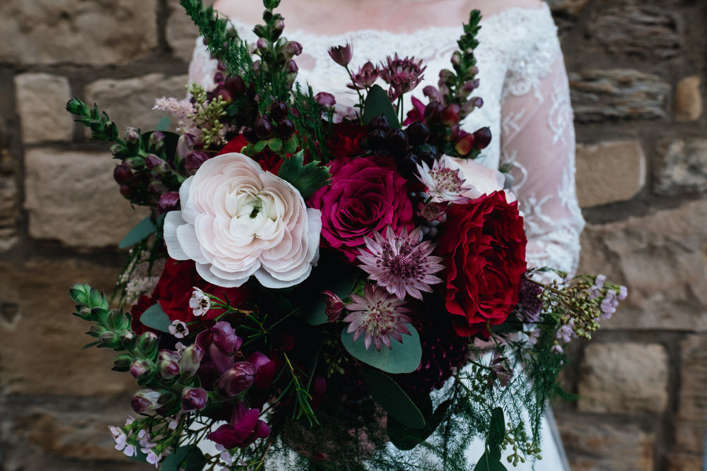 Bouquet Flowers Bride Bridal Red Greenery Rose Astilbe Pink Fern Rhynd Wedding Harper Scott Photo