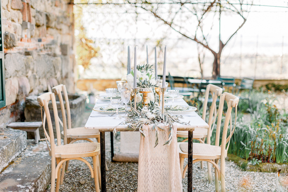 Tablescape Table Decor Grey Green Ivory Greenery Runner Candles Flowers Romantic Tuscany Wedding Ideas Sonya Lalla Photography