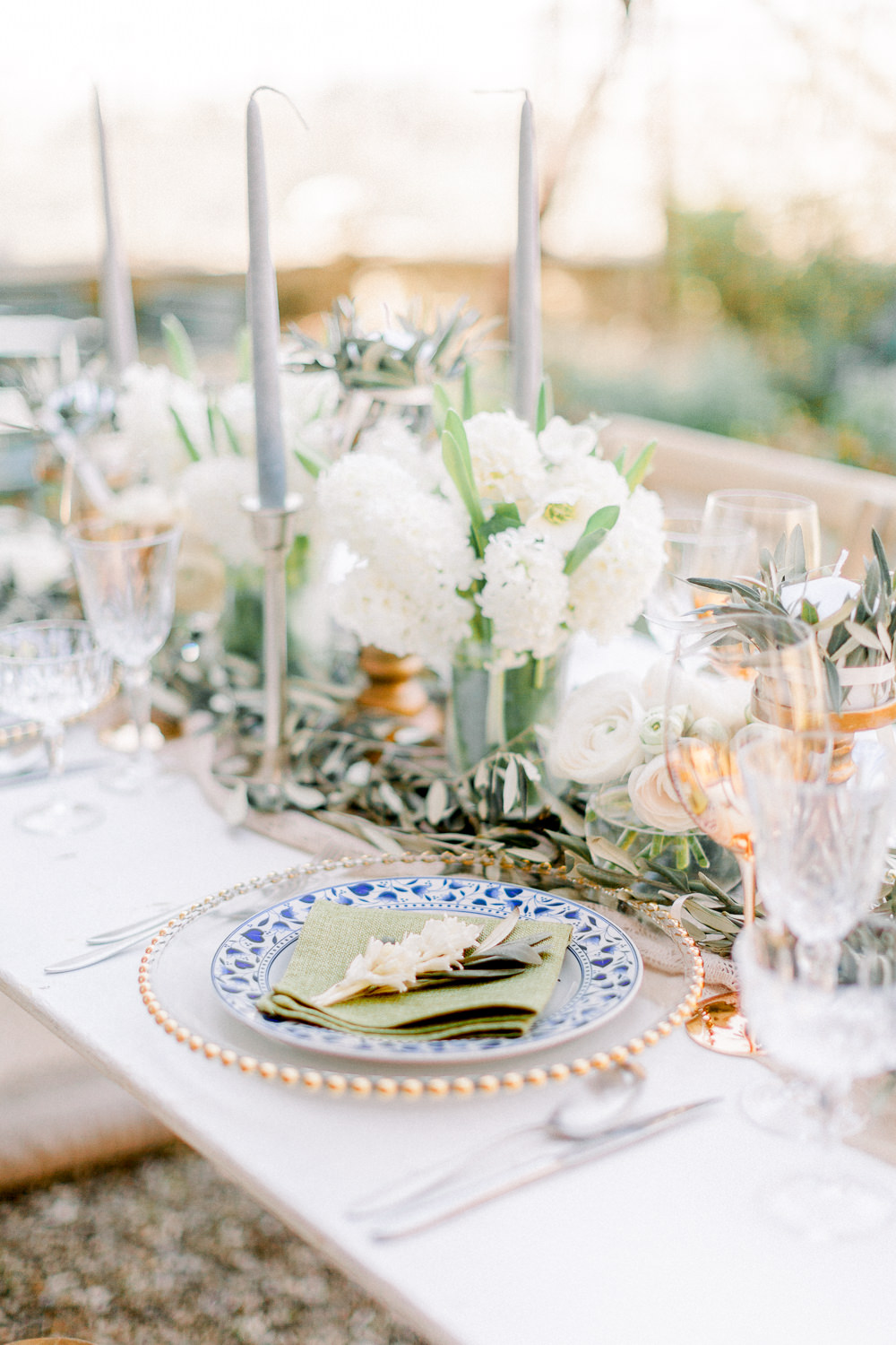 Tablescape Table Decor Grey Green Ivory Greenery Runner Candles Flowers Romantic Tuscany Wedding Ideas Sonya Lalla Photography