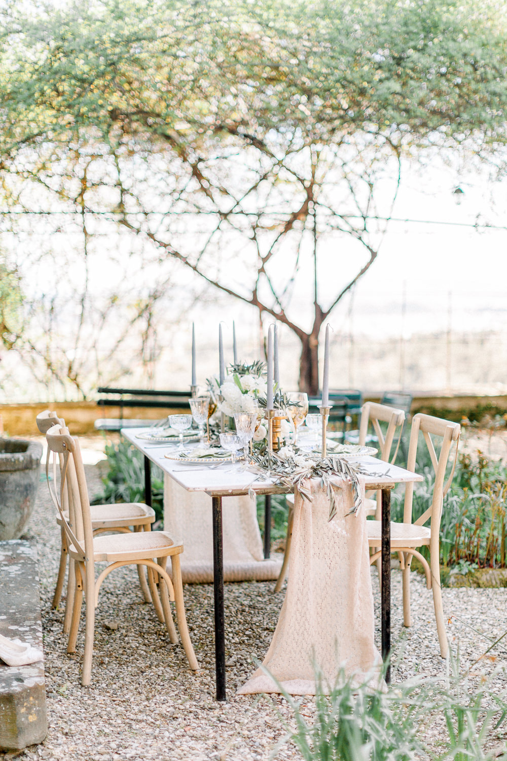 Tablescape Table Decor Grey Green Ivory Greenery Runner Candles Flowers Romantic Tuscany Wedding Ideas Sonya Lalla Photography