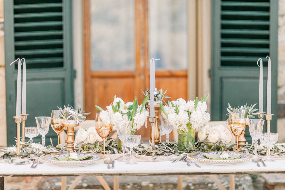 Tablescape Table Decor Grey Green Ivory Greenery Runner Candles Flowers Romantic Tuscany Wedding Ideas Sonya Lalla Photography