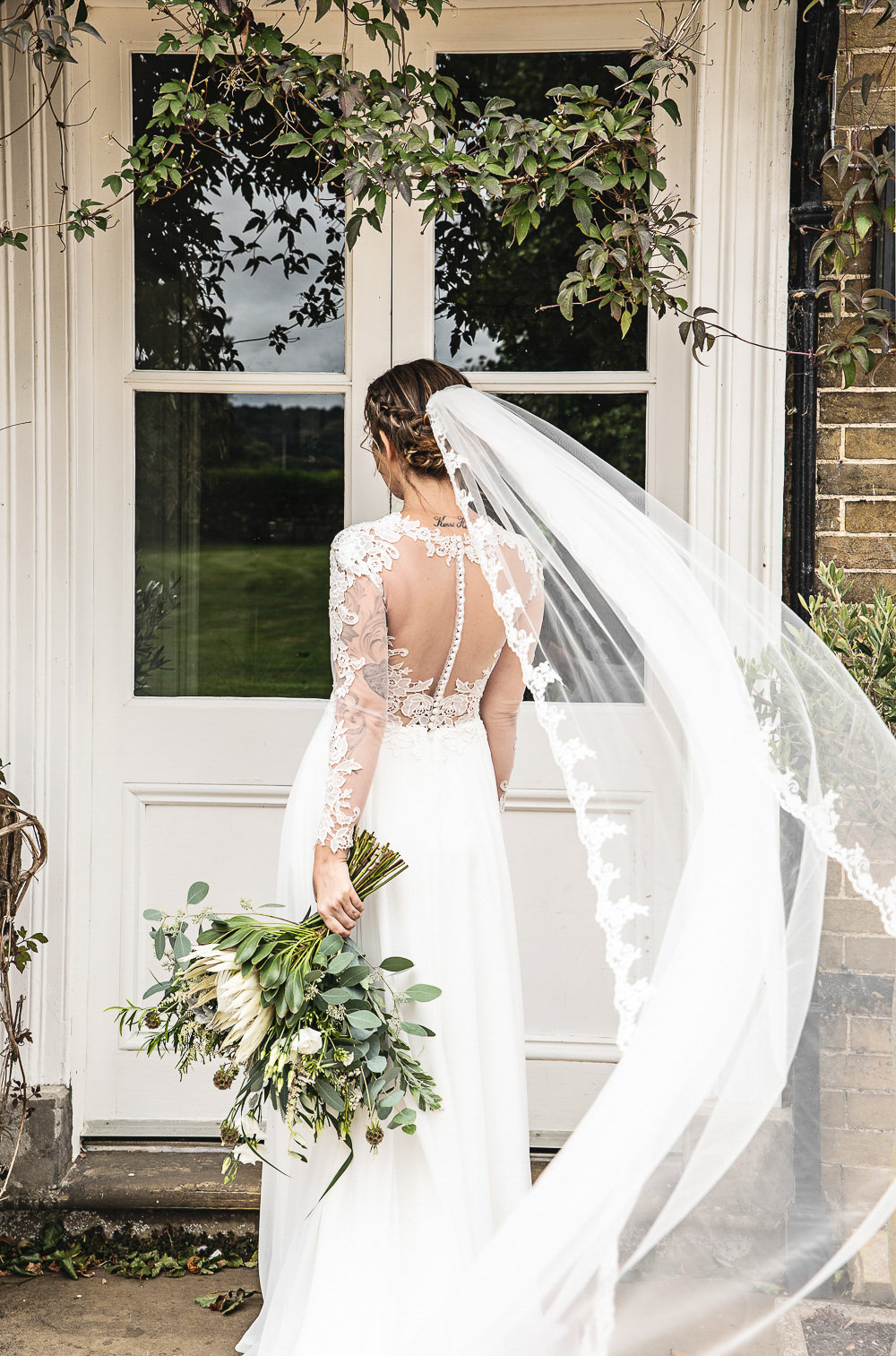 Bride Bridal Dress Gown Lace Veil Sleeves Lillian West Rustic Botanical Barn Wedding Lorna Newman Photography