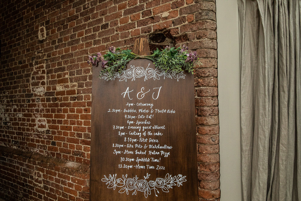 Wooden Wood Sign Easel Calligraphy Order Day Rustic Botanical Barn Wedding Lorna Newman Photography