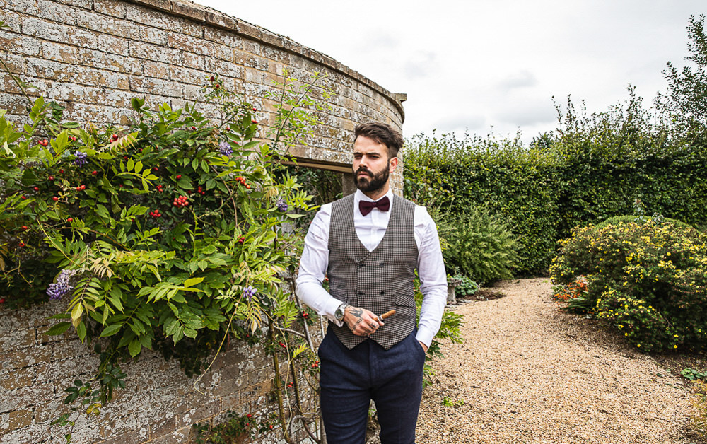 Groom Groomsmen Outfits Suits Waistcoat Bow Tie Navy Rustic Botanical Barn Wedding Lorna Newman Photography