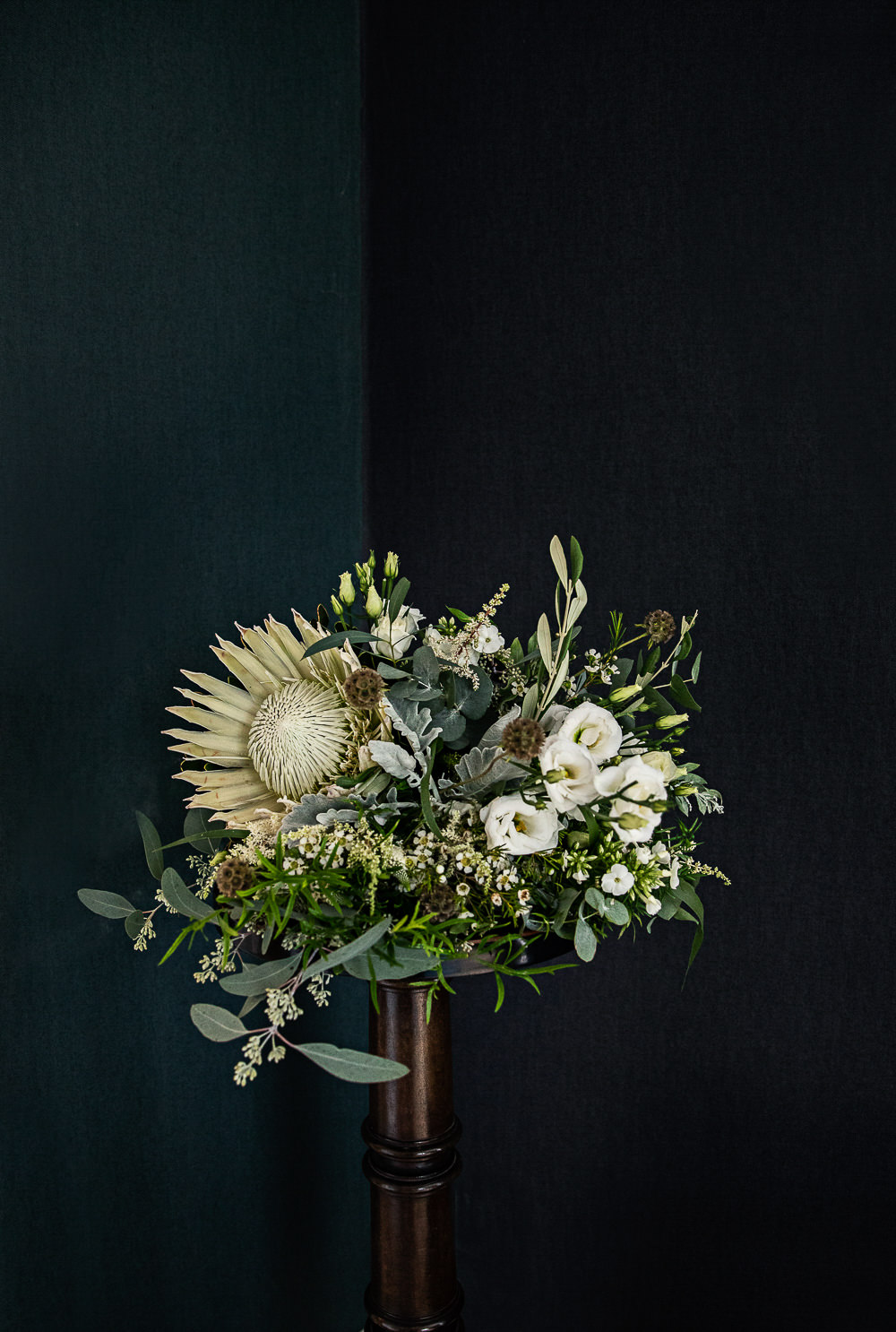 Bouquet Flowers Bride Bridal Protea Greenery Foliage Cream Lithianthus Rustic Botanical Barn Wedding Lorna Newman Photography