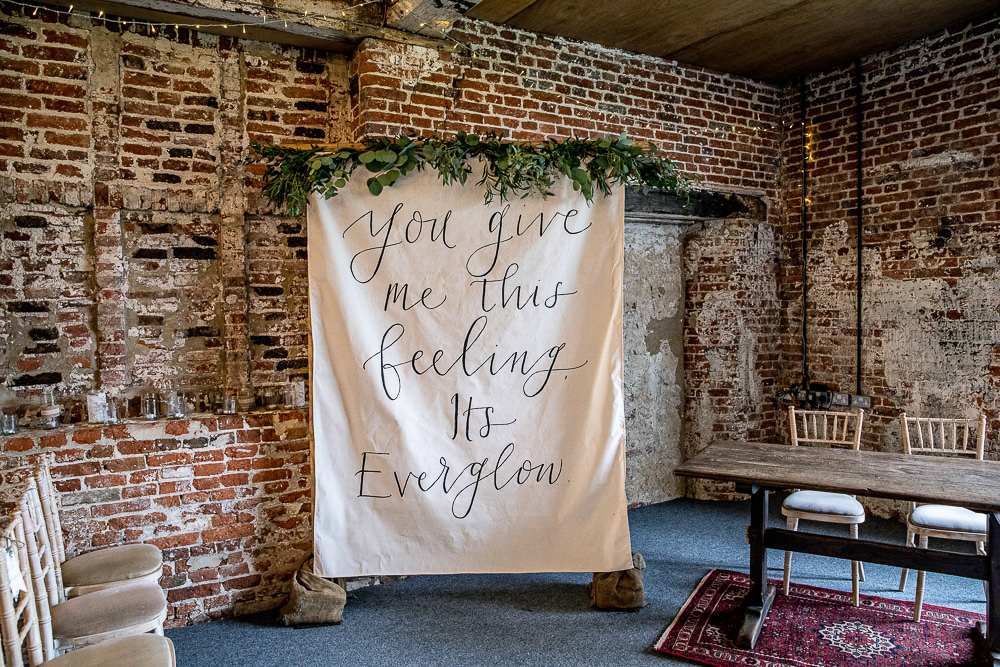Sign Banner Calligraphy Lettering Fabric Greenery Love Quote Rustic Botanical Barn Wedding Lorna Newman Photography