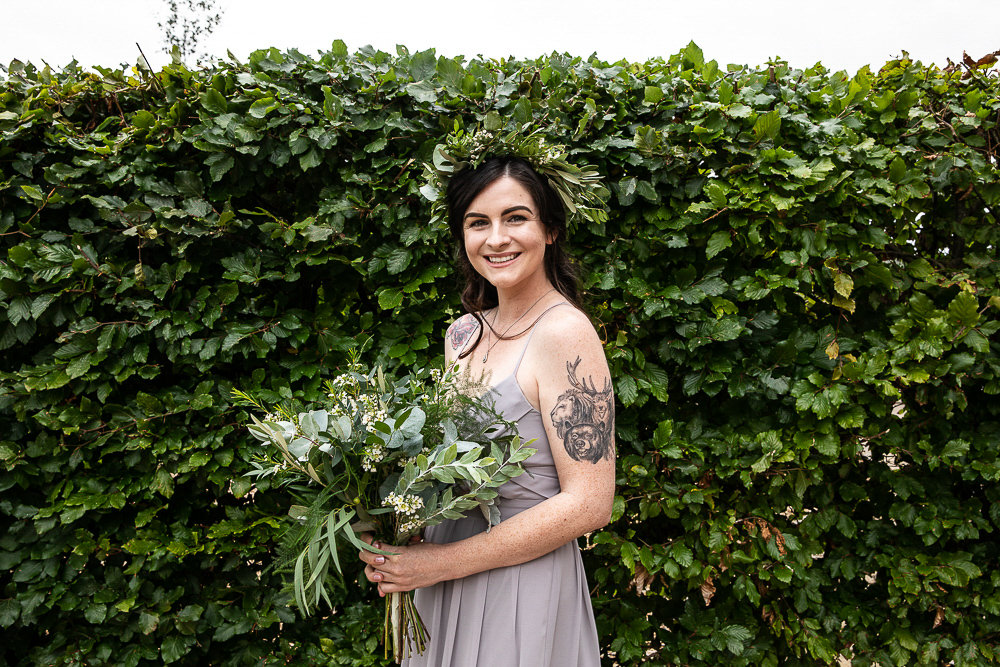 Bridesmaid Greenery Foliage Bouquet Flower Crown Rustic Botanical Barn Wedding Lorna Newman Photography