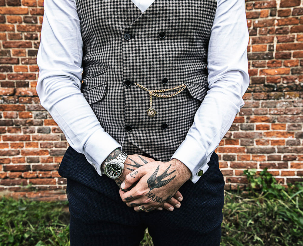 Groom Groomsmen Outfits Suits Waistcoat Bow Tie Navy Chain Rustic Botanical Barn Wedding Lorna Newman Photography