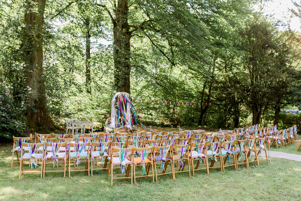 Outdoor Ceremony Ribbon Back Chair Multicoloured Spring Cottage Rivington Wedding Emma B Photography