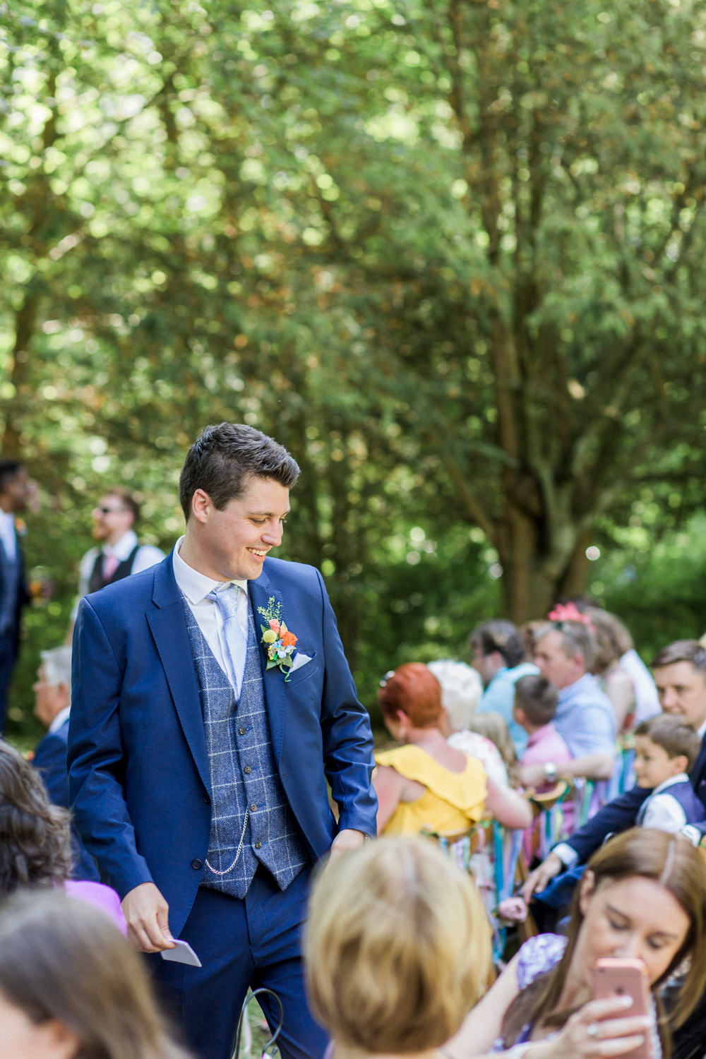 Groom Blue Check Tweed Waistcoat Three Piece Suit Spring Cottage Rivington Wedding Emma B Photography