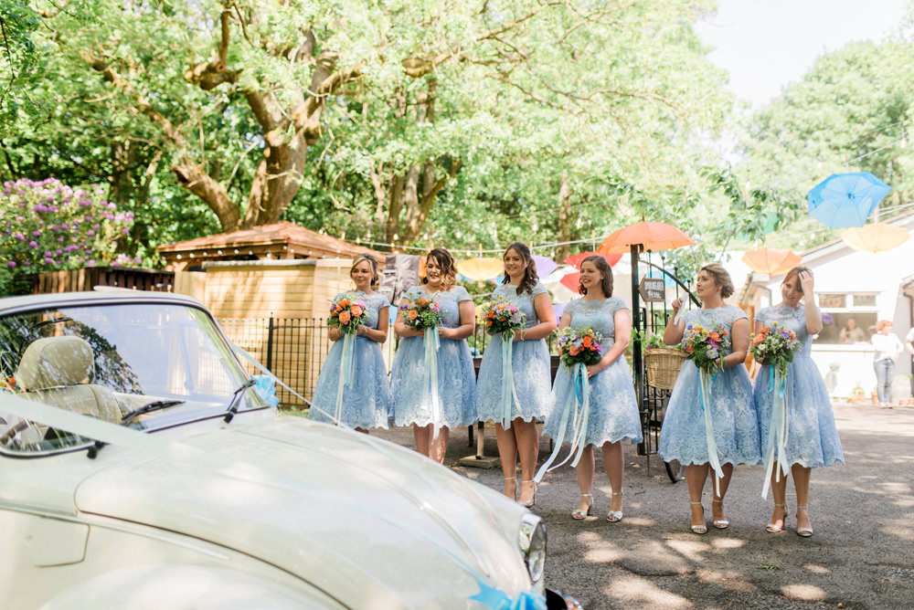 Powder Baby Blue Lace Tea Length Bridesmaids Dress Lace Ribbon Spring Cottage Rivington Wedding Emma B Photography