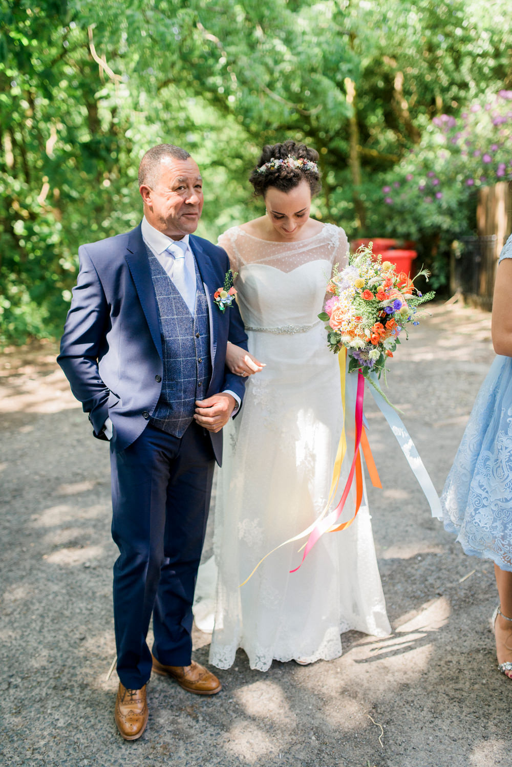 Bride Bridal Strapless Sweetheart Neckline Lace Jacket Sleeves Waistcoat Tweed Check Three Piece Suit Blue Multicoloured Bouquet Ribbon Spring Cottage Rivington Wedding Emma B Photography