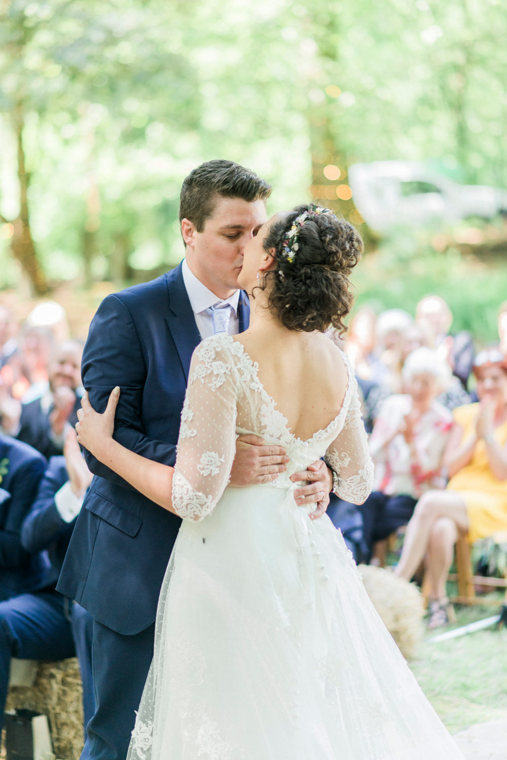 Bride Bridal Strapless Sweetheart Neckline Lace Jacket Sleeves Waistcoat Tweed Check Three Piece Suit Blue Spring Cottage Rivington Wedding Emma B Photography
