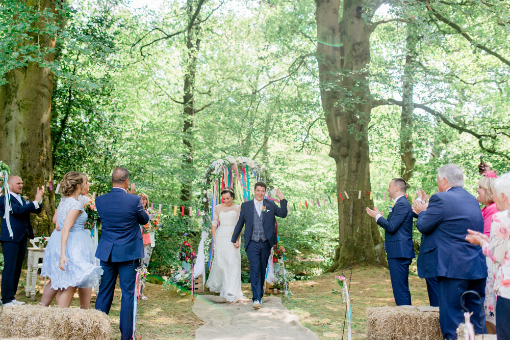 Bride Bridal Strapless Sweetheart Neckline Lace Jacket Sleeves Waistcoat Tweed Check Three Piece Suit Blue Multicoloured Ribbon Spring Cottage Rivington Wedding Emma B Photography