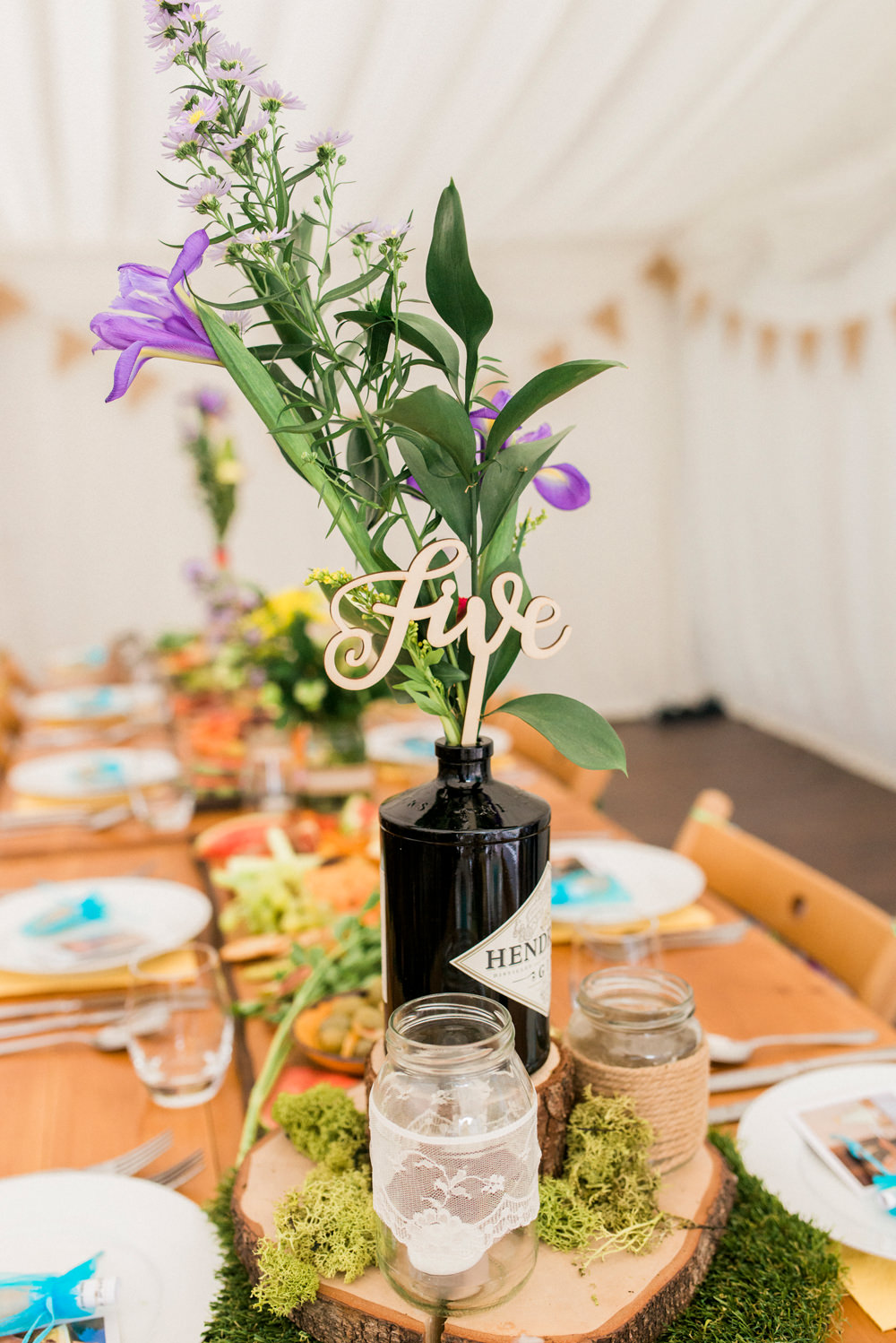Table Centre Wood Laser Cut Number Gin Bottle Flowers Floral Spring Cottage Rivington Wedding Emma B Photography