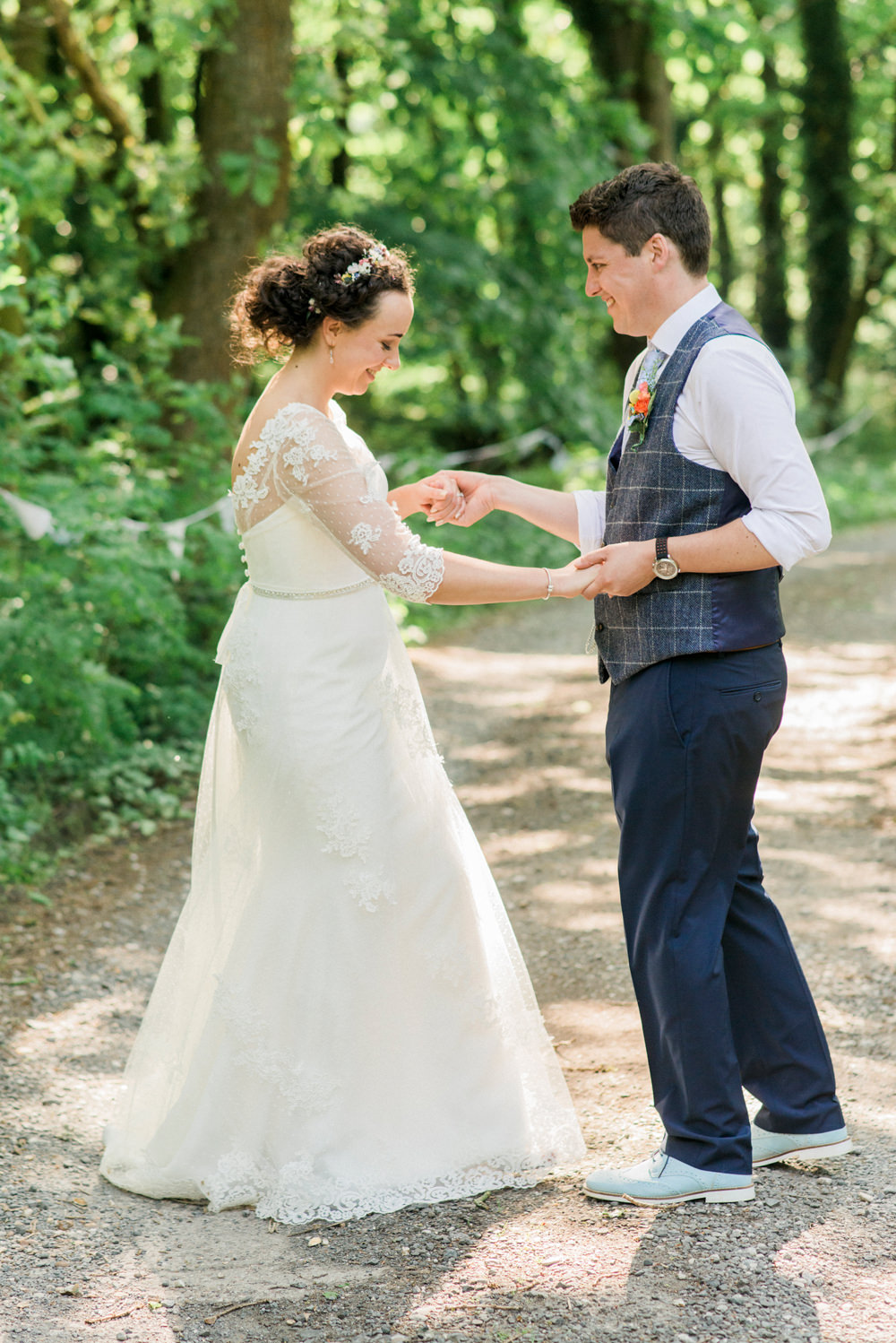 Bride Bridal Strapless Sweetheart Neckline Lace Jacket Sleeves Waistcoat Tweed Check Three Piece Suit Blue Spring Cottage Rivington Wedding Emma B Photography