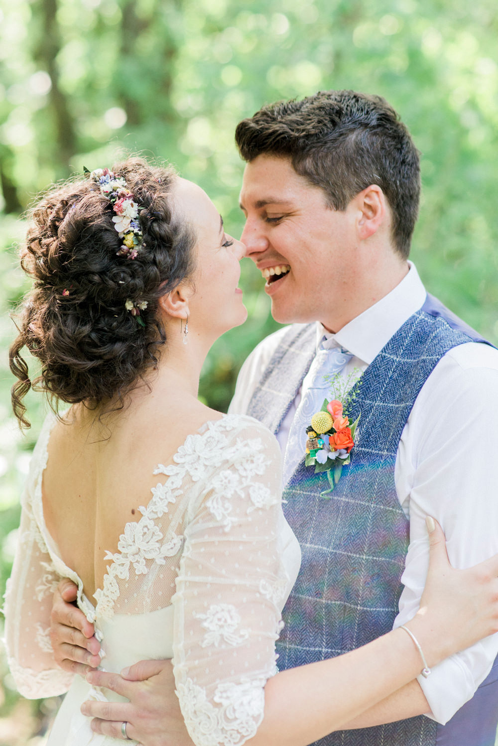 Bride Bridal Strapless Sweetheart Neckline Lace Jacket Sleeves Waistcoat Tweed Check Three Piece Suit Blue Spring Cottage Rivington Wedding Emma B Photography