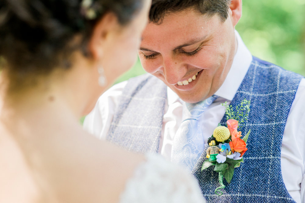 Bride Bridal Strapless Sweetheart Neckline Lace Jacket Sleeves Waistcoat Tweed Check Three Piece Suit Blue Spring Cottage Rivington Wedding Emma B Photography