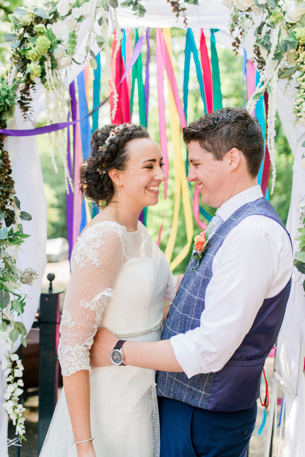 Bride Bridal Strapless Sweetheart Neckline Lace Jacket Sleeves Waistcoat Tweed Check Three Piece Suit Blue Multicoloured Ribbon Spring Cottage Rivington Wedding Emma B Photography