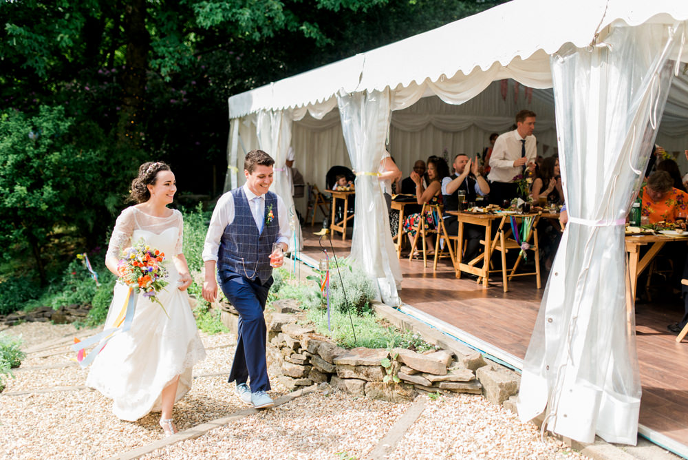 Bride Bridal Strapless Sweetheart Neckline Lace Jacket Sleeves Waistcoat Tweed Check Three Piece Suit Blue Multicoloured Bouquet Ribbon Spring Cottage Rivington Wedding Emma B Photography