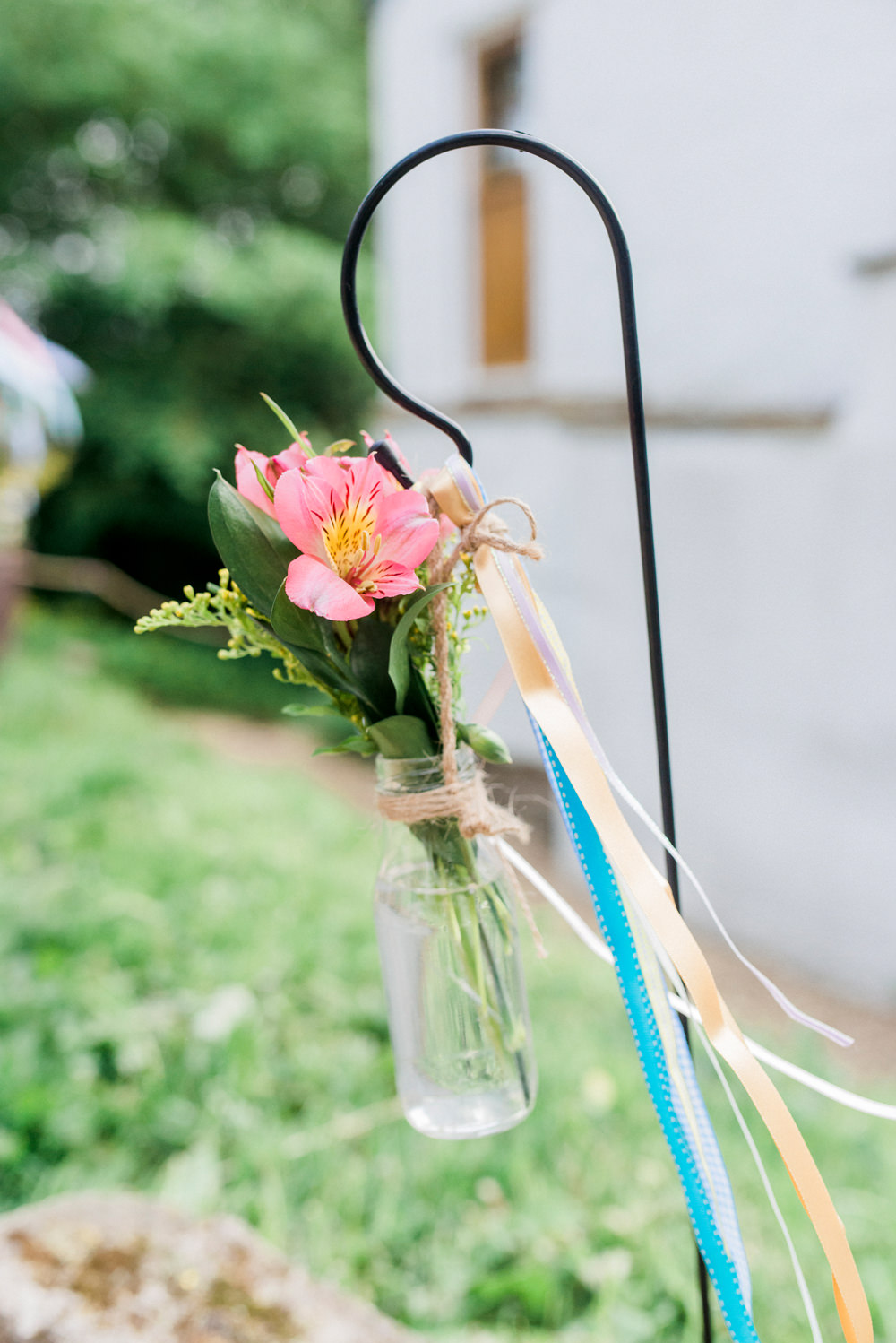 Shepherds Crook Flowers Floral Ribbon Jar Hanging Spring Cottage Rivington Wedding Emma B Photography