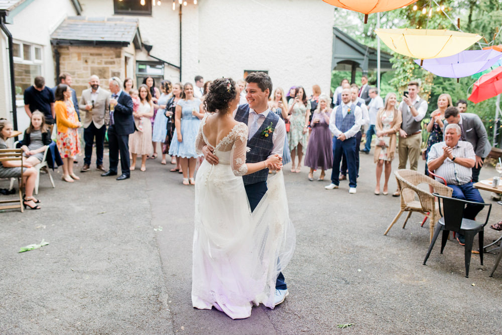 Bride Bridal Strapless Sweetheart Neckline Lace Jacket Sleeves Waistcoat Tweed Check Three Piece Suit Blue Spring Cottage Rivington Wedding Emma B Photography