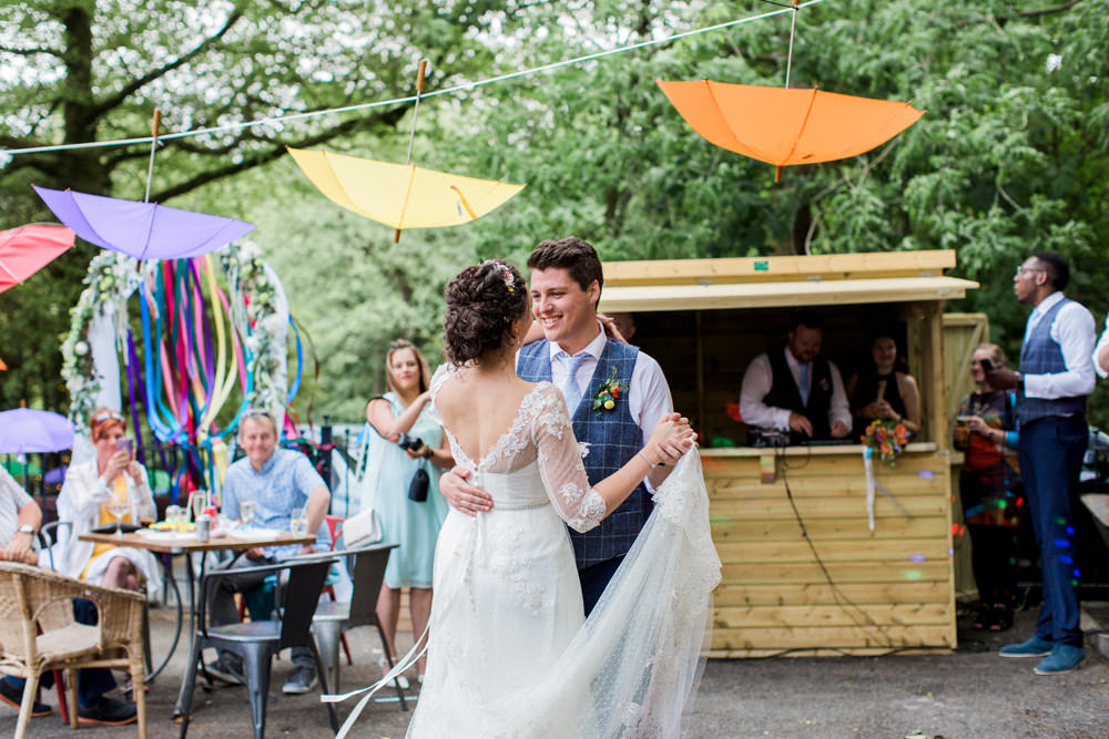Bride Bridal Strapless Sweetheart Neckline Lace Jacket Sleeves Waistcoat Tweed Check Three Piece Suit Blue Spring Cottage Rivington Wedding Emma B Photography