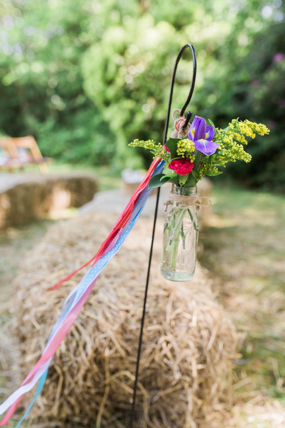 Shepherds Crook Jar Floral Flowers Multicoloured Ribbon Spring Cottage Rivington Wedding Emma B Photography