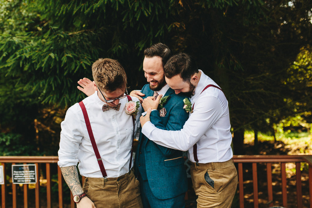 Blue Tweed Suit Groom Braces Chinos Groomsmen Stonyford Cottage Gardens Wedding Jessica O'Shaughnessy Photography