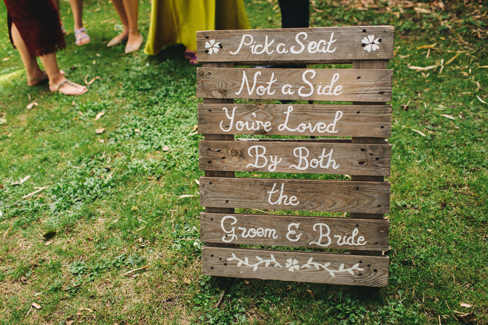 Pallet Sign Pick Seat Not Side Stonyford Cottage Gardens Wedding Jessica O'Shaughnessy Photography